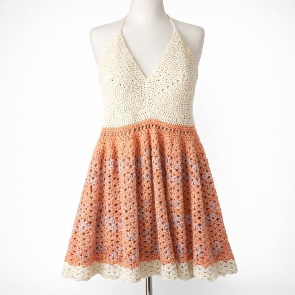 Handmade Crochet Halter Mini Dress Size L Orange Festival Boho Indie Sleaze Y2K‎